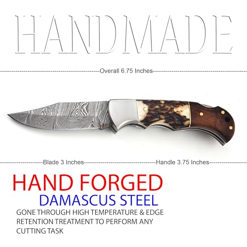 Poshland Steelware Custom Damascus Steel Folding Pocket Knife – Handmade, Compact for Outdoor, Camping, Hiking and Hunting (Brown) - color: Brown