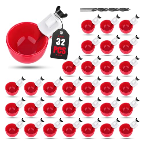 32 Pack Auto Chicken Poultry Waterer Cups Feeder for Diy Chicken Coop Automatic Watering Cup Dispenser Drinker Bebederos De Agua Para Gallinas with Mounting Hole Opener Double Leak-proof Washer - size: 32 Pcs