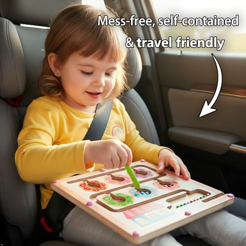 QimuMku Magnetic Maze Wooden Busy Board & Travel Toy for Toddlers Ages 2-4 | Magnetic maze travel activity for toddlers that builds fine motor skills, focus and screen-free learning on the go - color: Donut Magnetic Maze