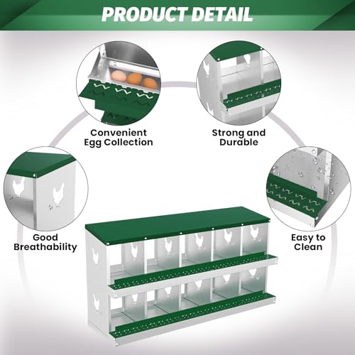 Chicken Nesting Box, 10-Hole Nesting Boxes, Removable Tray, Ventilation Holes, Easy Egg Collection & Cleaning, Laying Boxes for Hens, Green - color: Green, size: 53.5"L x 16.9"W x 26.6"H