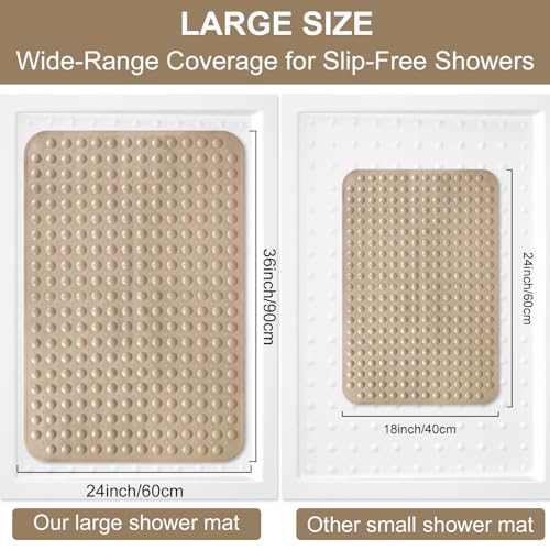 Shower Mat Non Slip, 36" x 24" Large Shower Floor Mat with Drain Holes and Suction Cups, Soft TPE Anti Slip Shower Stall Mats for Inside Shower, Machine Washable, Khaki - color: Khaki