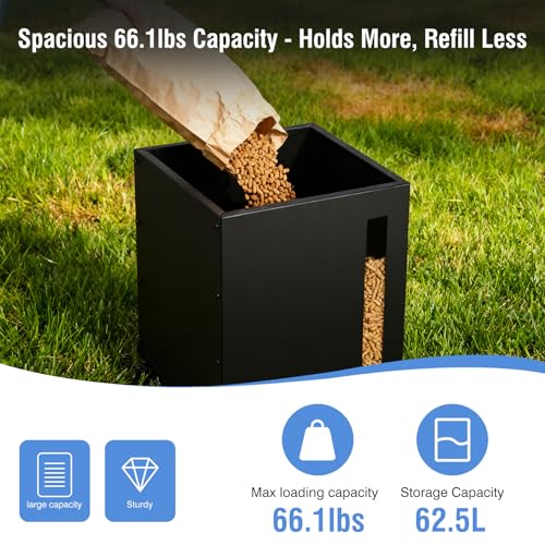 Rayzi 66lb Wood Pellet Storage Bin, Fuel Pellet Carbon Steel Container | Outdoor Waterproof Storage Bin & Rust-Resistant Metal Storage for Wood Pellets, Animal Feed, Charcoal