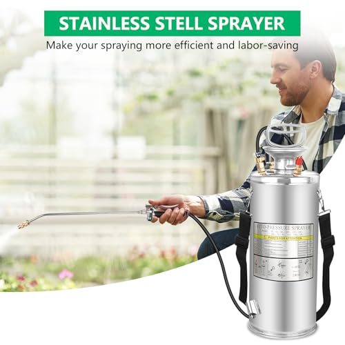 2 Gallon Stainless Steel Pump Sprayer - Hand Pump Sprayer with Pressure Gauge, Safety Valve&Adjustable Nozzle and Flat Nozzle, Garden Weed Sprayer with 20’’ Wand & 3FT Hose, Non-Corrosive Viton Seals