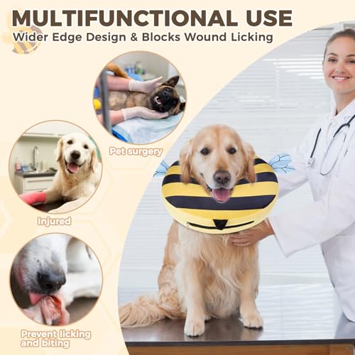 PAWCHIE Inflatable Dog Cone Collar Alternative, Soft Dog Cone for Medium to Large Dogs After Surgery, Adjustable Neck Recovery E-Collars Donut Collar with Cute Bee Shape, Yellow M - color: Yellow, size: M(Neck:13"-15")