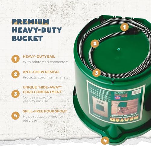 Farm Innovators 2 Pack Heated Water Bucket, 120W Heating Power - Flat Back 5 Gallon Plastic Bucket with Cord Storage for Livestock Watering & Feeding