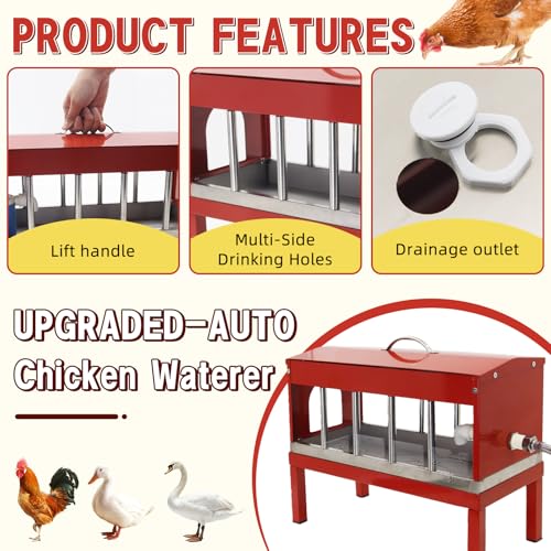 Automatic Chicken Waterer, Multi-Side Drinking Holes and Detachable Legs | Stainless Steel Large Chicken Drinker with Float Valve,Easy Clean Poultry Water Dispenser for Chicken Coop Duck Pigeon,Goose
