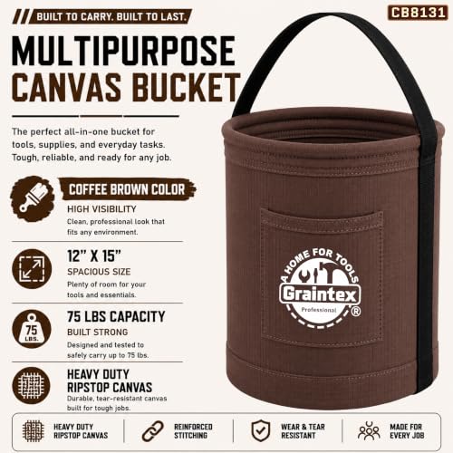 Graintex Canvas Utility Bucket 12"x15", Round Tool Bucket, Reinforced Base & Carry Handle, Ripstop Canvas, Multi-Purpose Bag for Jobsite, Home Use - Coffee Brown - color: Coffee Brown