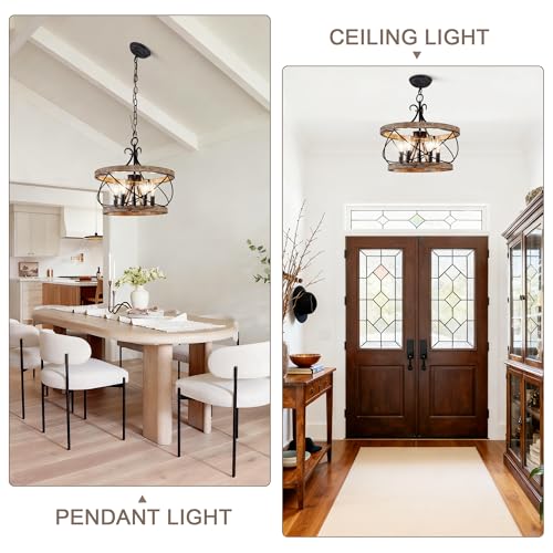 15.7" Farmhouse Chandelier for Dining Room, 5-Light Wood Drum | Rustic Chandelier Dining Room Light Fixture French Country Industrial Pendant Lamp for Living Room Kitchen Island Entryway - color: 15.7" Wood Drum