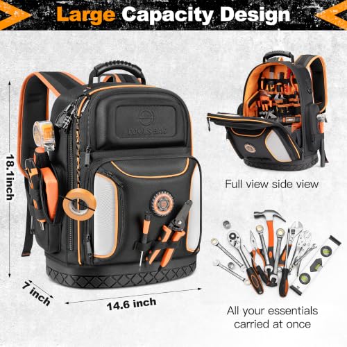 LOKASS 18.1-inch Heavy-Duty Tool Backpack, 75 Pockets, Black | 110 lbs Load Tested, 1680D Tear-Resistant Fabric, Removable Tool Panel, Combination Lock, Electricians, HVAC Pros - color: Black