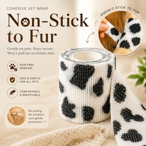 Premium Pet Vet Wrap — Non-Stick to Fur Self Adherent Bandage Wrap for Dogs, Cats & Horses, Breathable Cohesive Tape for Wounds, Paws & Legs, Animal Print Design - Pack of 2 - color: Cow Print
