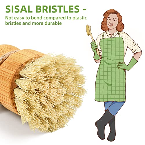 SUBEKYU Bamboo Dish Scrub Brush,Produce Brush,3 Pack with Ceramic Holder | Vegetable Brush,Natural Sisal Bristles,Kitchen Wooden Cleaning Scrubbers Set - color: Ceramics Base + 3p Sisal Brushes, size: Regular size