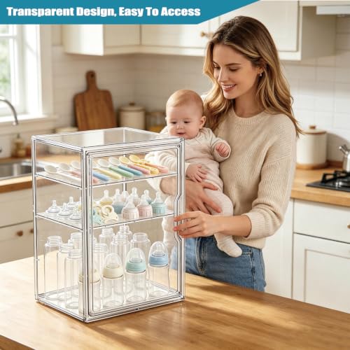 Baby Bottle Storage Organizer for Countertop, Clear Feeding Bottles Station | 3 Tiers Acrylic Baby Bottles Holder Container with Adjustable Dividers & Magnetic Door for Kitchen Cabinet, New Mom Gifts