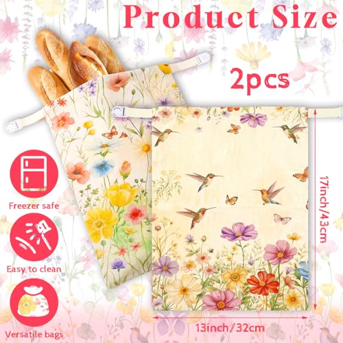 Hushee 2 Pcs Beeswax Sourdough Bread Bags, XL Cotton Line, Wildflower | 13 x 16 Inch Bread Bags for Homemade Bread, Reusable Organic Linen Cotton Storage Bags, Keep Loaves Fresh Longer - style: Wildflowers