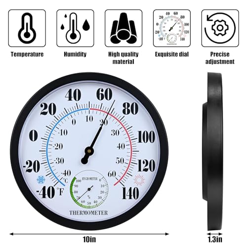 10 Inch Indoor Outdoor Thermometer Hygrometer Combo | Large Dial Analog Temperature Humidity Gauge, Wall Mount Weather Thermometer for Home Patio Greenhouse Garage Room - color: Black
