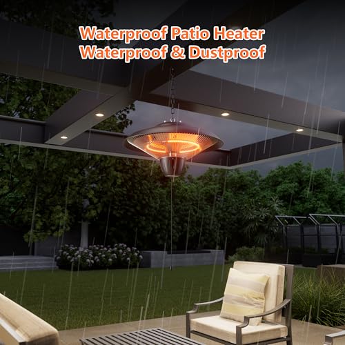 1500W Electric Patio Heater, Hanging Infrared Outdoor Heater with Carbon Fiber Heating, Waterproof Ceiling Mounted Heater for Gazebo, Porch, Garage & Covered Patio - color: Black