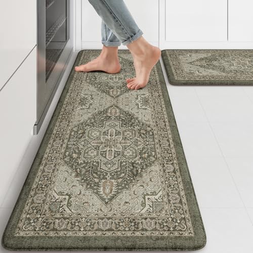 KIMODE Anti Fatigue Mats for Kitchen Floor, Boho Kitchen Rugs Sets of 2 | 17"x47"+17"x29" Cushioned Kitchen Floor Mats, Comfort Standing Mat for Laundry, Office, Sink, Desk Dormitory Dark Green - color: Dark Green, size: 17.3" x 47"+17.3" x 29"--0.47 inch