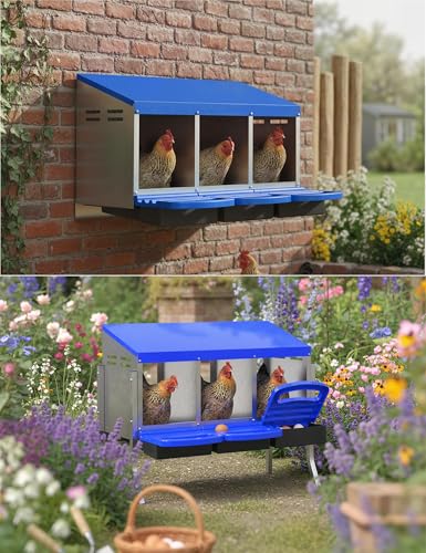 Metal Chicken Nesting Box with Easy-Collect Tray & Lid – 3/4/2x2 Compartment Heavy Duty Roll Away Nesting Boxes for Chickens, Wall Mount or Freestanding, Galvanized Steel Hen Laying Box for Coop