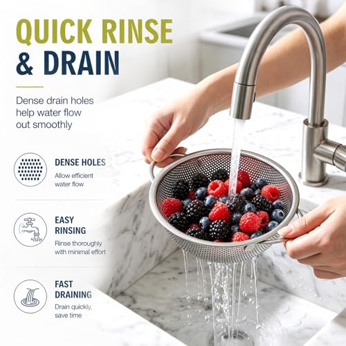 Palksky Small Colander Set of 2, 800 mL / 0.85 Qt Stainless Steel Mini Colanders with Riveted Handles, Footed Base & Micro-Perforations, Berry Wash Bowl for Berries, Fruits, Vegetables & Pasta - color: Small Colander 2 PCS