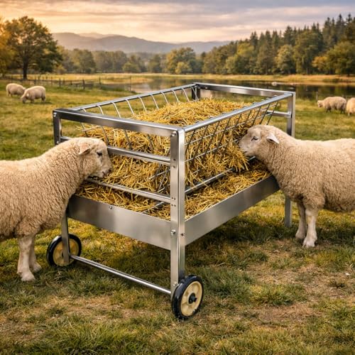 90lb Capacity Goat Hay Feeder with Wheels, 2‑in‑1 Galvanized Steel Livestock Feeder, Rust‑Proof Sheep Feeder Hay with 50 Gallon Feeding Pan for Goats, Sheep, Horses & Pigs