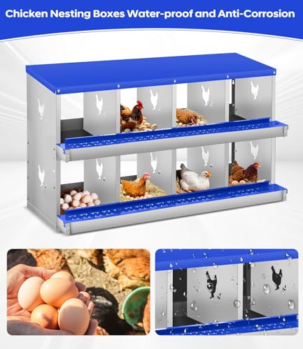 8 Compartment Chicken Nesting Box, Heavy Duty Metal Laying Box with Perch, Easy Assembly & Easy Clean for Outdoor Chicken Coop, Blue - color: Blue, size: 8 Compartment