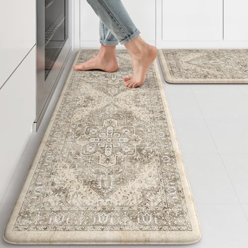 KIMODE Anti Fatigue Kitchen Mats 2 PCS 17"x47"+17"x29.5", Boho Kitchen Rugs and Mats, Non Slip Cushioned Kitchen Mats for Floor, Waterproof Kitchen Floor Mats for Laundry, Office, Sink, Khaki | 17"x47"+17"x29" Non Slip Cushioned Kitchen Mats for Floor, Wa