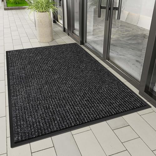 Front Door Mat Outside Entrance, Dirt Trapper Doormat 60" x 48" | Non Slip Indoor Outdoor Welcome Mat for Entryway, Absorbent Commercial Floor Mat for High Traffic Area, All Weather, Black - color: Black Striped, size: 4' x 5' (Rectangular)