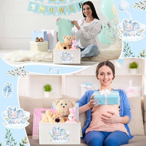 Pickmesh Baby Shower Storage Basket with Gift Bags Rectangular Ribbons Collapsible Canvas Storage Bin with Handles for Diaper Organizing Toy Home DIY Gift Basket, 13 x 9. 1 x 7. 1 Inch(Blue Elephant) - style: Blue Elephant