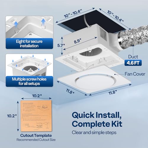 VIVOHOME EC Motor Bathroom Exhaust Fan with Humidity Sensor (160-110-50CFM | Energy-Saving AutoFlow,10.2-inch Ceiling Retrofit Bath Fan, No Attic Access Needed(Install Kit, 4-in Duct Included) - style: No Light &160-110-50CFM