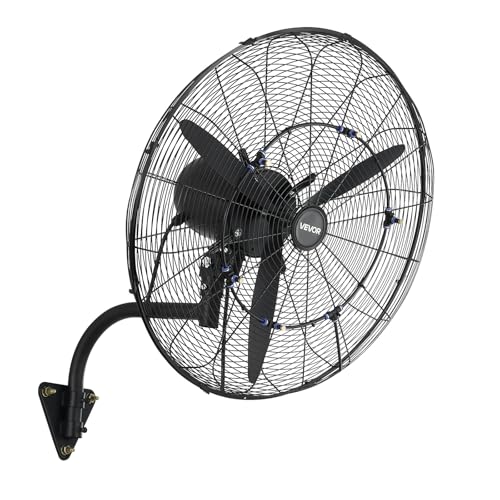 VEVOR Wall Mount Fan, 24 in Wall Mounted Hanging Fan with Oscillating & Mist, IP44-rated, 3-Speed, Powerful Air Reach, Mechanical Control, Long Airflow for Industry, Commercial, Garage, Workshop