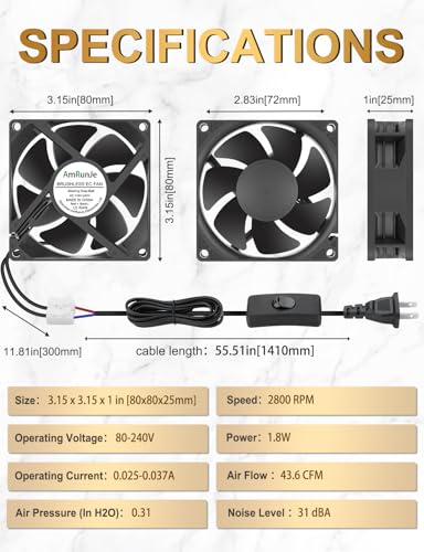 EC Axial Cooling Fan 80mm x 25mm, AC 120V Dual Ball Bearing | 110v 220v 240v Big Airflow Low Watt Muffin Brushless Fan for PC Case, Projector, Cabinet, RV Refrigerator Ventilation Cooling - size: 80mm x 25mm