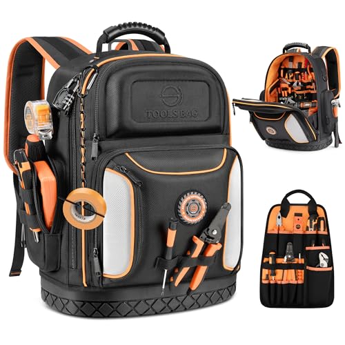 LOKASS 18.1-inch Heavy-Duty Tool Backpack, 75 Pockets, Black | 110 lbs Load Tested, 1680D Tear-Resistant Fabric, Removable Tool Panel, Combination Lock, Electricians, HVAC Pros - color: Black