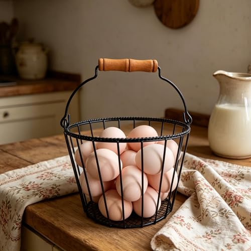 Metal Wire Egg Basket for Gathering Fresh Eggs,Round Egg Collection Basket | TAIANLE Black Farmhouse Egg Collecting Basket for Fresh Egg with Handle,Chicken Egg Holder Kitchen Countertop,Easter Egg Hunt