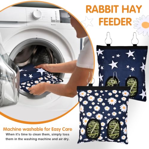 Upgraded Rabbits Hay Feeder Bag for Bunny, Guinea Pigs, Chinchillas - Hanging Washable 2-Hole Hay Dispenser with 600D Oxford Fabric, Small Animal Cage Accessories （Blue Star and Blue Daisy） - color: Blue Star and Blue Daisy