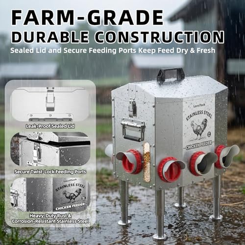 Large Automatic Chicken Feeder, 55 lb Capacity, 8 Feeding Ports, Upgraded Stainless Steel Poultry Feeder, No-Waste Design, Adjustable Legs & Lockable Lid for Coop, Ducks & Turkeys