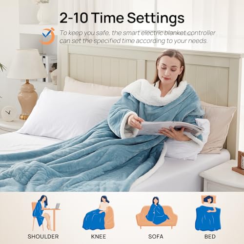 Westinghouse Wearable Heated Blanket with Foot Pocket, 50x70+18 Light Blue | Electric Snuggle Throw with Foot Pocket, Flannel Sherpa 6 Heating Levels & 2-10 Hours Auto Shut Off, Home Office Use - color: Light Blue&ivory, size: 70*50" Heated Snuggle Blanke