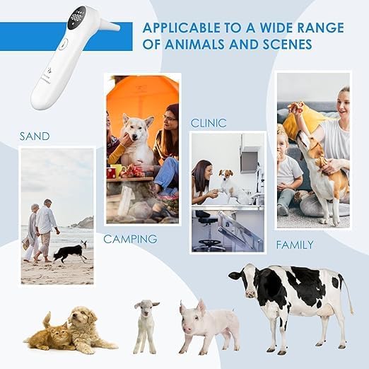 Pet Ear Thermometer for Dogs, Cats, and Livestock, Long Probe Designed, ℃/ ℉ Convert and Sound Switch Dedicated Button, 1 Second Measurement, 20 pcs Pet Swabs Included(White) - color: White