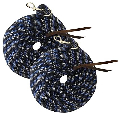 Majestic Ally 14' Pack of 2 Poly Training Lead Rope with Leather Popper for Horses & Livestock – 14 Foot Long and 5/8 inch Thick - Replaceable Heavy-Duty Bolt Snap (Navy-Blue-White) - color: Navy-Blue-White