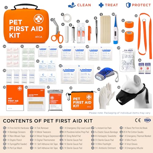 ARCA PET Cat & Dog First Aid Kit for Car - Pet Emergency Kit for Home Office Travel – Dog Camping Essentials with Digital Thermometer, Muzzle & Mini First Aid Pouch (Pack of 2) - size: CoreCare Kit (Pack of 2)
