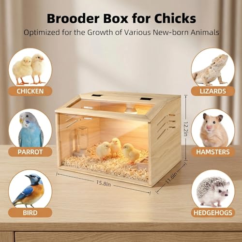 15.74 x 11.81 x 11.81” Chick Brooder Box with Heating Lamp, Poultry Brooder with Heaters, Wooden Brooder Box for Baby Chicks, Ducks, Quail and Birds