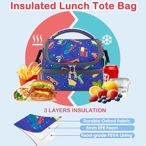 FlowFly Kids Double Decker Cooler Insulated Lunch Bag Large Tote for Boys, Girls, Men, Women, With Adjustable Strap, Car - color: Assorted/Multicolor