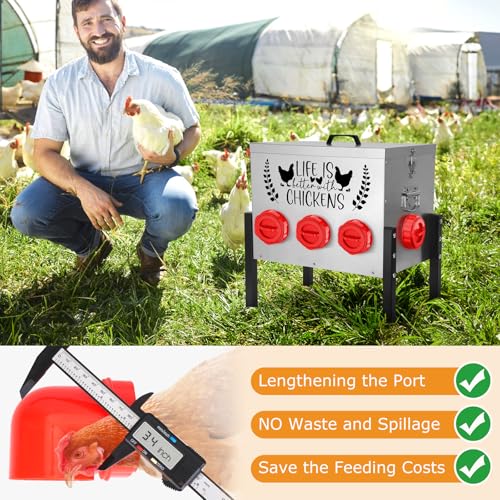 ‎Tgeyd 50LB Large Automatic Chicken Feeder – 8 Feeding Ports, No-Waste Poultry Feeder, with Adjustable Legs & Locking Lid - color: Cockscomb Red