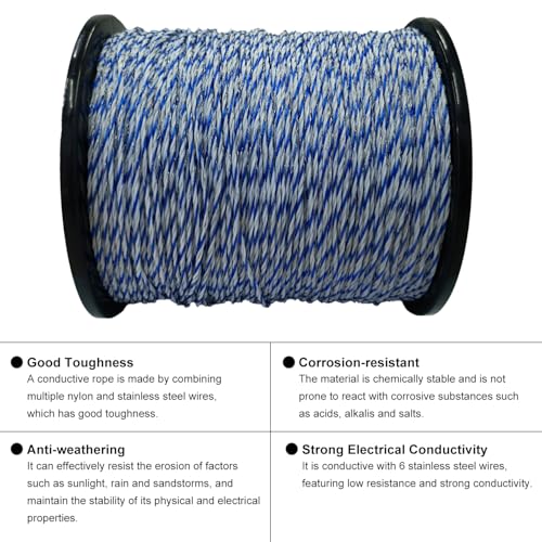 Electric Fence Wire 3379 Feet 1030 Meters, 6 Stainless Steel Strands | Electric Polywire with Rust Resistance and Reliable Conductive, UV Resistant, Portable Electric Livestock Fencing - size: 3379FT/1030M