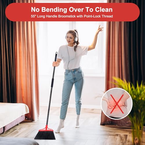 Heavy Duty Broom Commercial Indoor/Outdoor Broom 55Inch | with Stiff Bristles for Garage, Patio, Kitchen, Sidewalk, Wood, Tile, Concrete, Home cleaning（black and red） - color: Black and Red