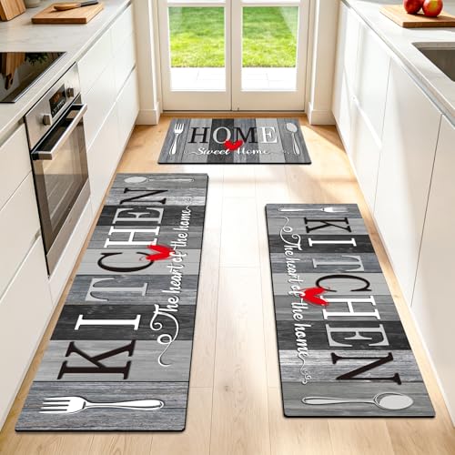 Kitchen Rugs Set 3 Piece, Non Slip Kitchen Mats for Floor, Soft Fabric with Rubber Backing, Farmhouse Anti Fatigue Runners Carpet for Home Kitchen Laundry Room Hallway (Rustic Grey & Black) - color: Rustic Grey & Black
