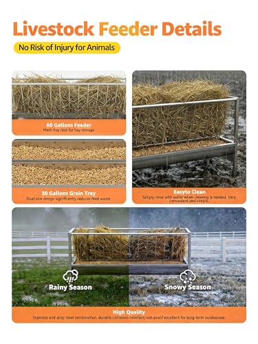 59" L Goat Hay Feeder 90 Gallon Large Capacity, Stainless Steel 2-in-1 Hay & Grain Feeder for Goats, Sheep, Horses | Freestanding Outdoor Farm Livestock Feeder, Easy Assembly