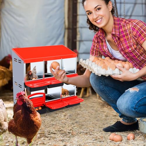 Chicken Nesting Boxes, Heavy-Duty 8-Compartment Metal Chicken Nesting Box – Removable Tray, Ventilation Holes, Easy Egg Collection, Rustproof Galvanized Steel - Red - 6 - Slot - A - color: Red, size: 6 - Slot - A