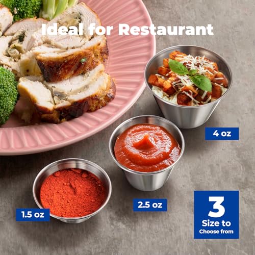 Fit Meal Prep [24 Pack 1.5 oz Stainless Steel Dipping Sauce Cups, Reusable Metal Ramekins, Commercial Grade Condiment Bowls, Individual Portion Cups, Small Round Au Jus Cup for Home, Restaurant - size: 1.5 oz