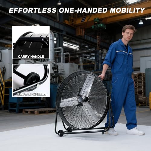 WARMLREC 30 Inch Industrial Drum Fan, 13000CFM Heavy Duty Garage Fan with Wheels, 3 Speeds Metal High Velocity Fan for Warehouse, Workshop, Factory, Commercial, Residential & Greenhouse, Black