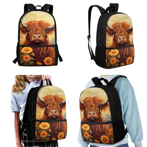 Upetstory Highland Cow Backpack for Girls Kids School Bag with Lunch Box Pencil Case Book Cover Water Bottle Sleeve Teen Schoolbag Elementary Primary Bookbag Travel Daypack Hiking Cycling - color: Highland Cow