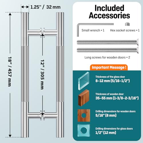 Ranbo 18" Knurled Door Pull Handle, 12" (305mm) CTC, Polished Chrome | Heavy Duty 1.5mm 304 Stainless Steel, Back to Back Pull Handles for Interior, Shower, Barn, Commercial Doors, Enhanced Grip - size: 18 Inch